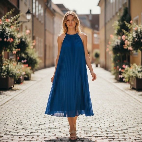 Fashion Dresses & Skirts - 300. Royal Blue Pleated Halter Trapeze Dress Women Large Cocktail Midi Flowy